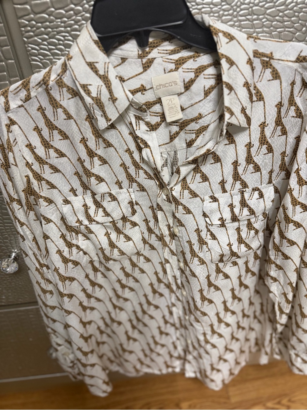 Chico's Cream Blouse with Brown Giraffe Print - Picture 2 of 9